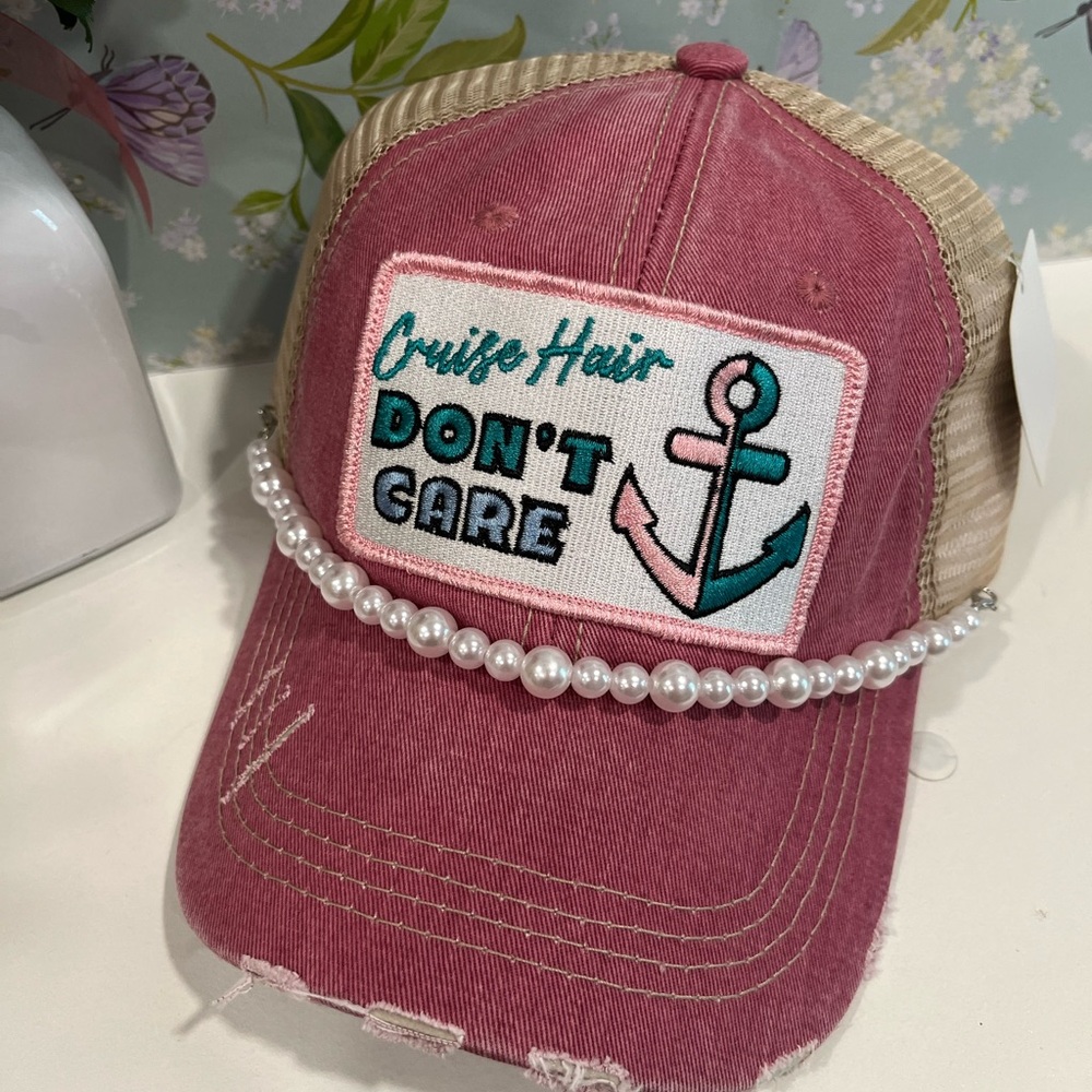 Katydid Pink and Tan Trucker Hat with Pearl Accent